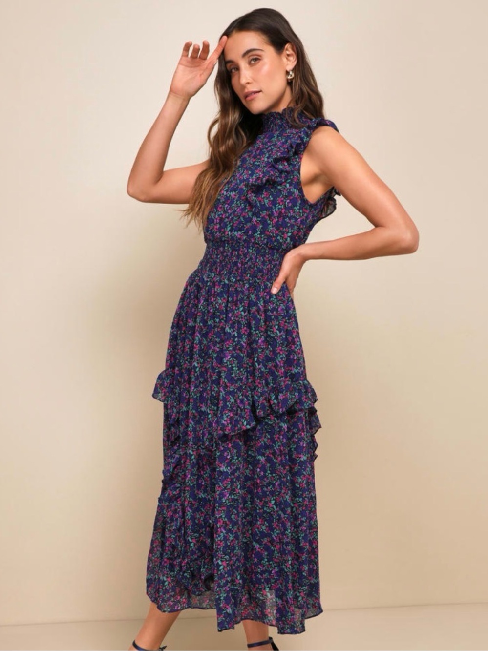 Lulu’s Evalina Navy Blue Floral Print Mock Neck Midi XS